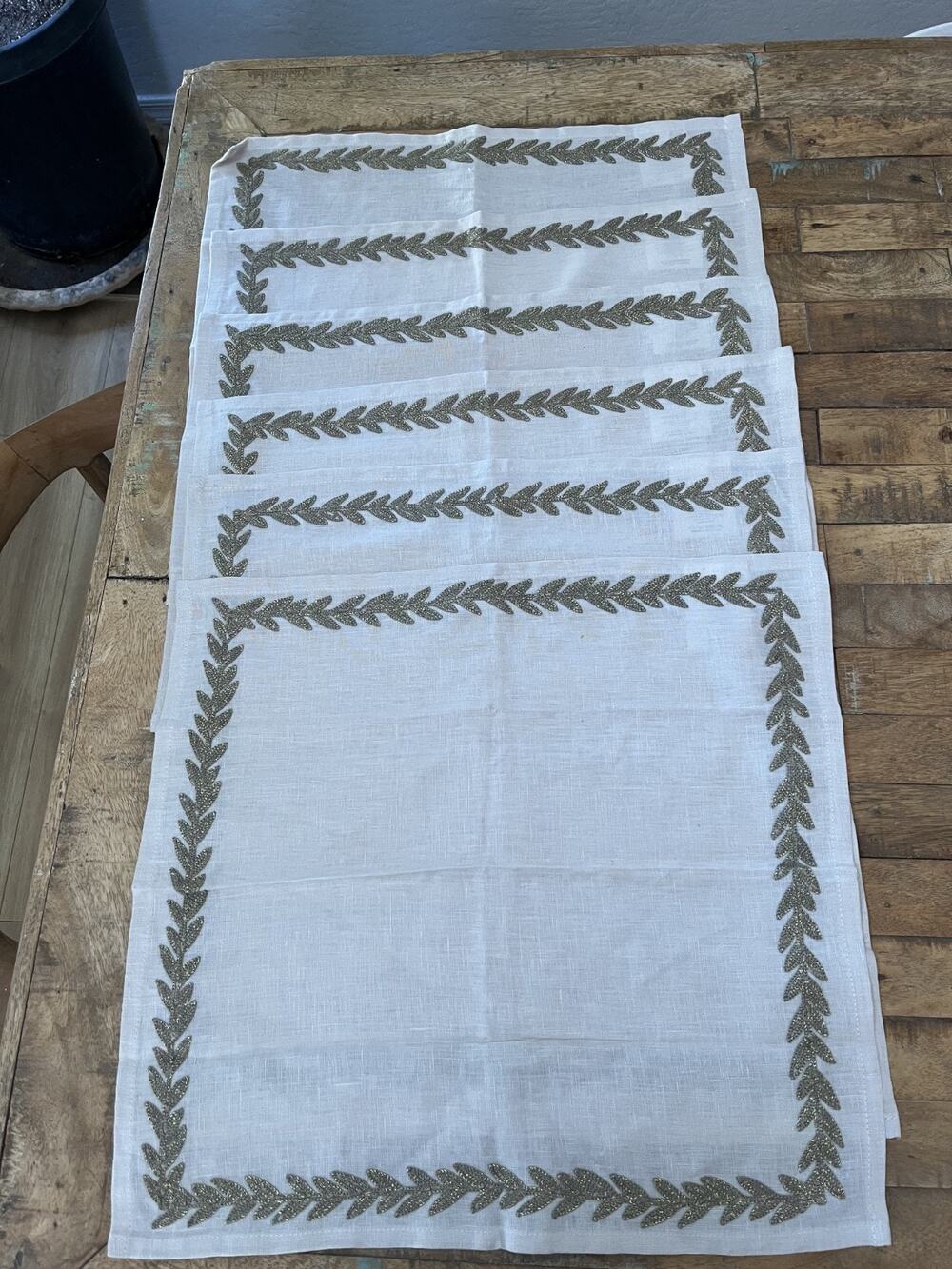 Allen + Roth Embroidered Linen Napkins Set of 6 Beige with Gold Leaves